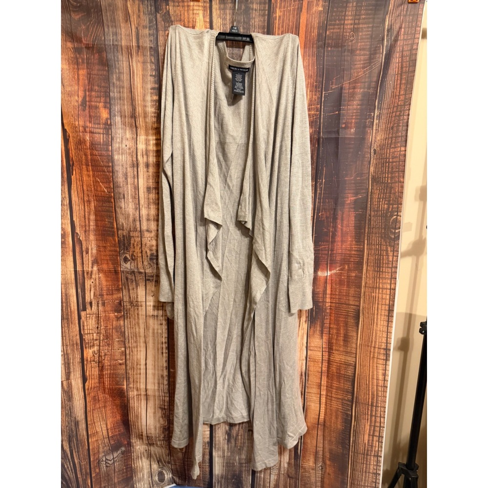 Chelsea & Theodore Oatmeal Heather Draped Open Front Longline Duster Cardigan L